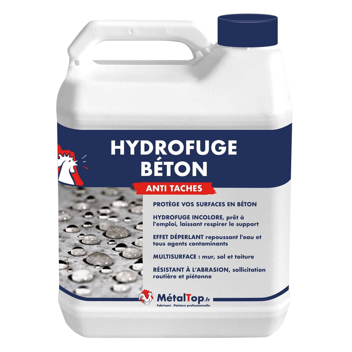 Bidon blanc d'hydrofuge béton anti taches MétalTop avec étiquette bleue et rouge