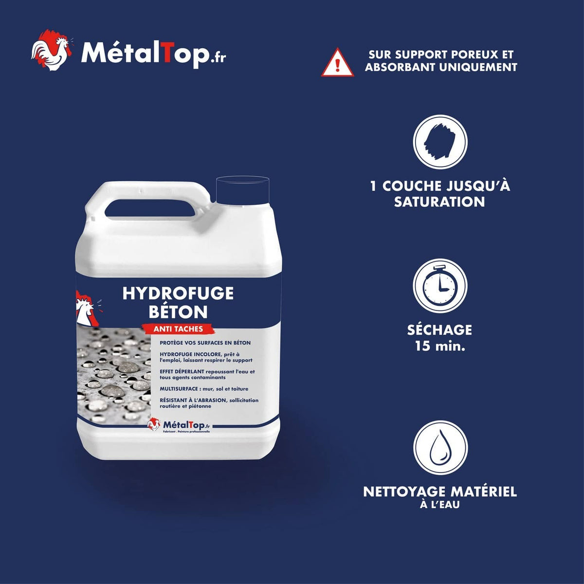 Bidon blanc d'hydrofuge béton MétalTop anti taches, incolore, pour surfaces en béton