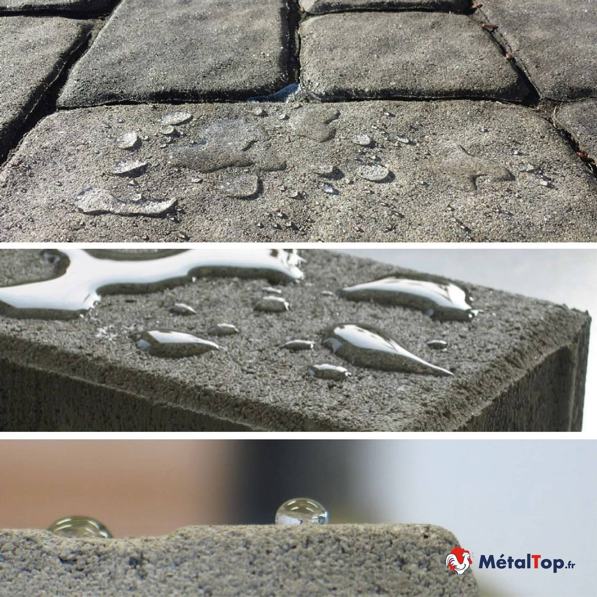 Pavés et blocs de béton gris couverts de flaques et de gouttes d'eau perlant à la surface