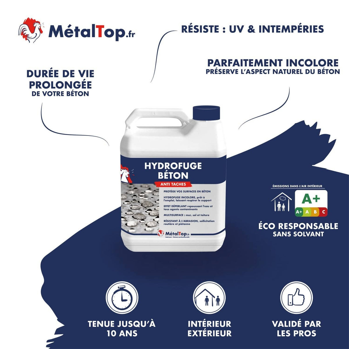 Bidon Hydrofuge Béton MétalTop incolore anti-taches, pour béton intérieur et extérieur