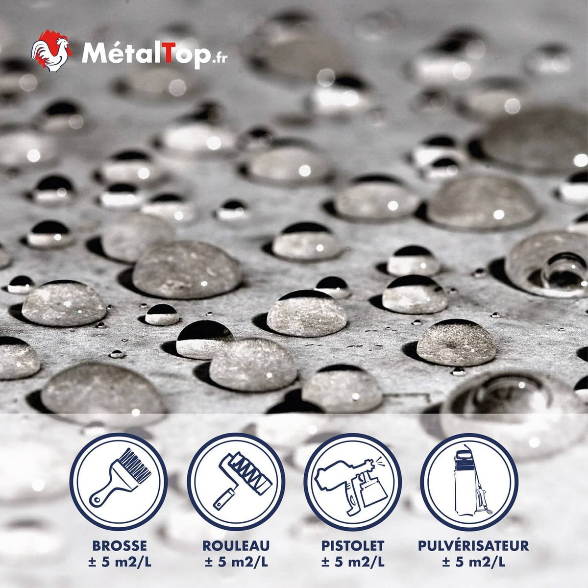 Gouttes d'eau sur métal gris, revêtement MétalTop : brosse, rouleau, pistolet ou pulvérisateur