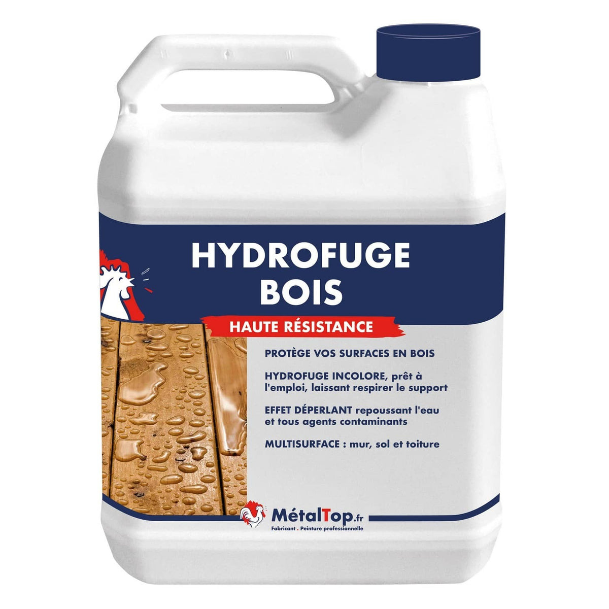 Bidon d'hydrofuge bois haute résistance MétalTop, planches en bois perlées de gouttes d'eau