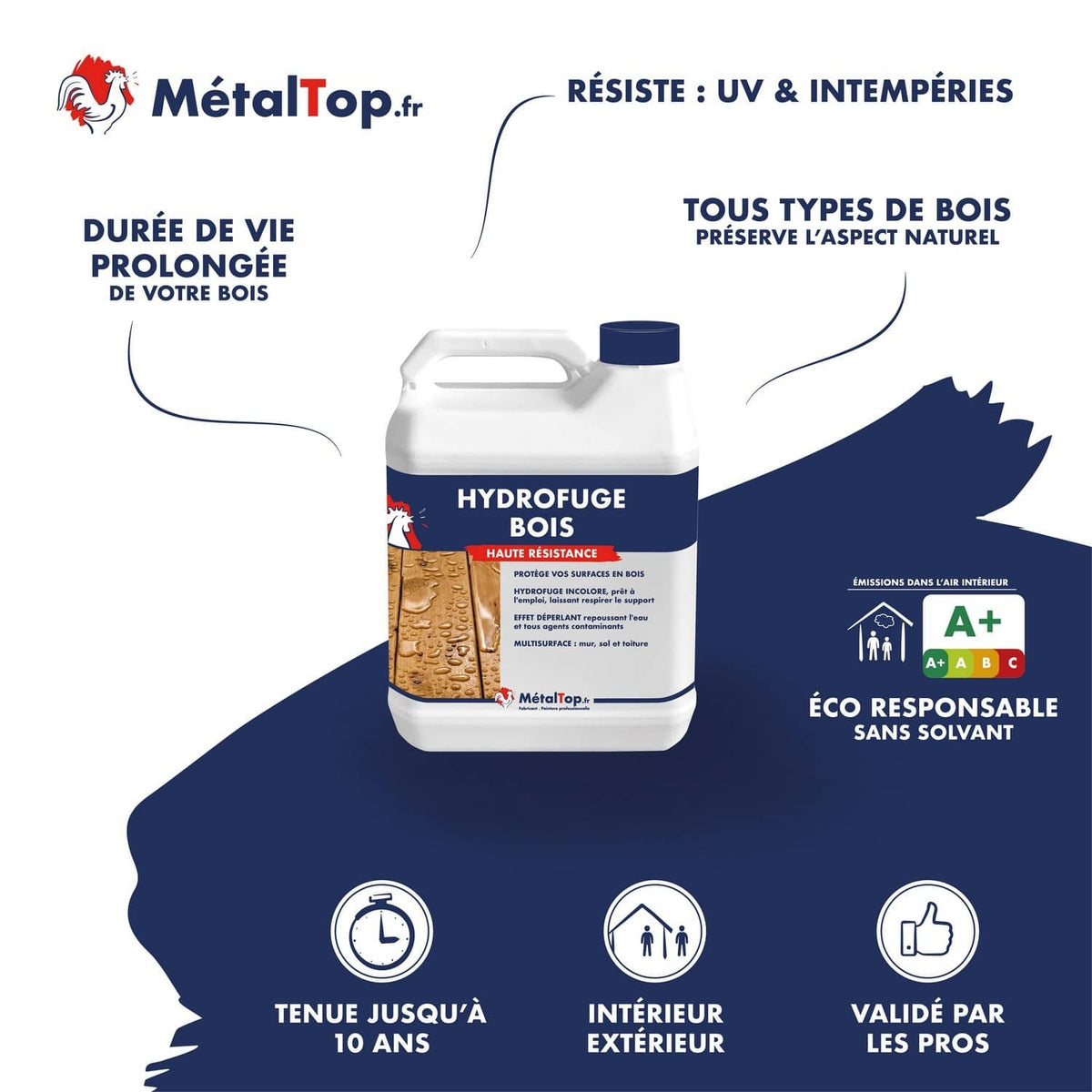 Bidon d'hydrofuge bois MétalTop haute résistance pour protéger les surfaces en bois des intempéries