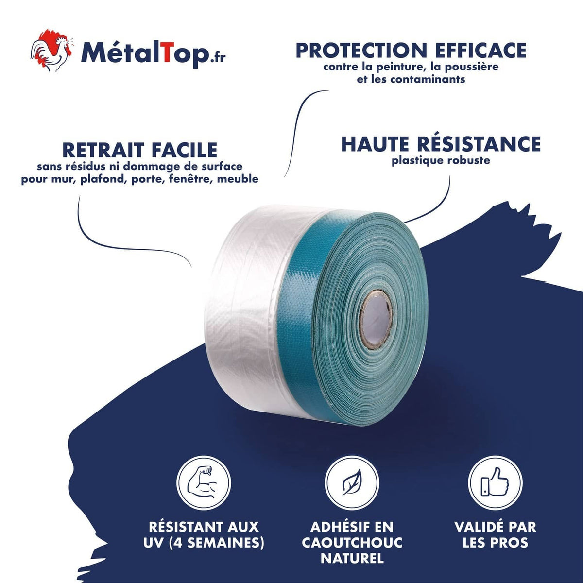 Rouleau de protection MétalTop : film transparent et ruban bleu tissé avec adhésif en caoutchouc