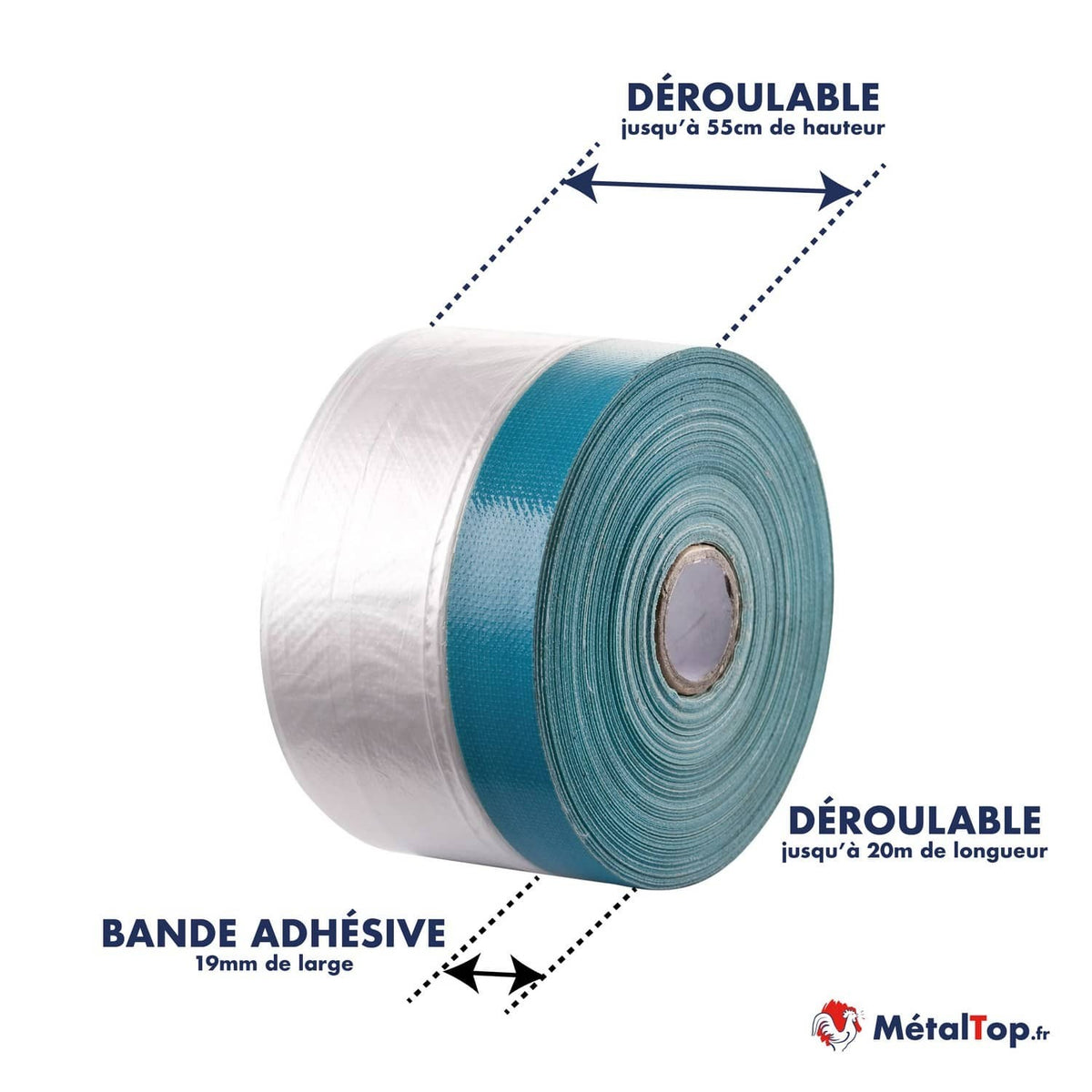 Rouleau de bande adhésive de protection bleue et transparente, 19 mm de large, 20 m