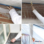 Pose de film plastique de protection sur fenêtre, mur en brique et sol avant travaux de peinture