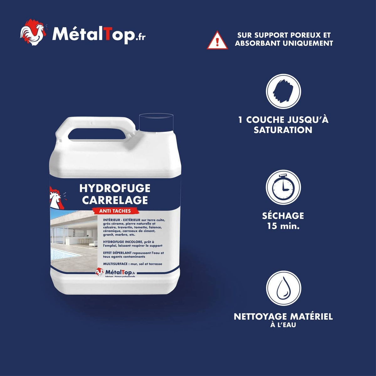 Bidon Hydrofuge carrelage anti taches MétalTop, incolore, pour grès, pierre, marbre et terre cuite