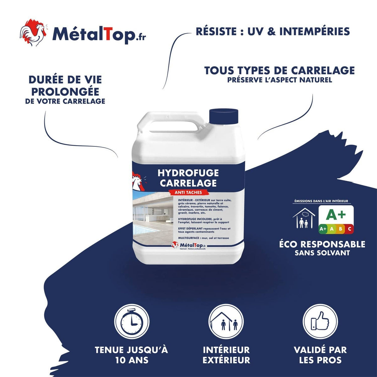 Bidon blanc Hydrofuge Carrelage MétalTop anti-taches, incolore, pour intérieur et extérieur