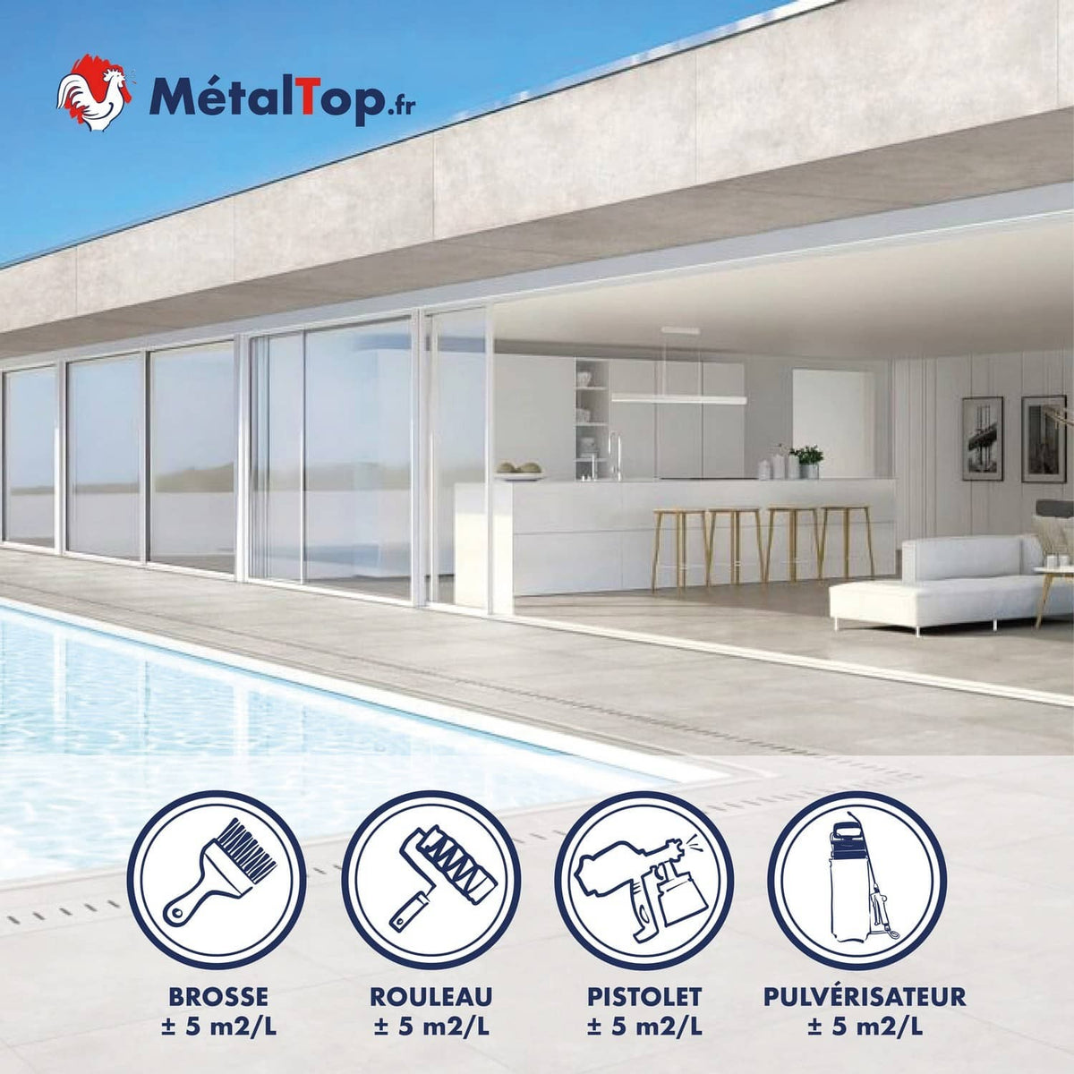 Icônes brosse, rouleau, pistolet et pulvérisateur à 5 m²/L, villa moderne avec piscine