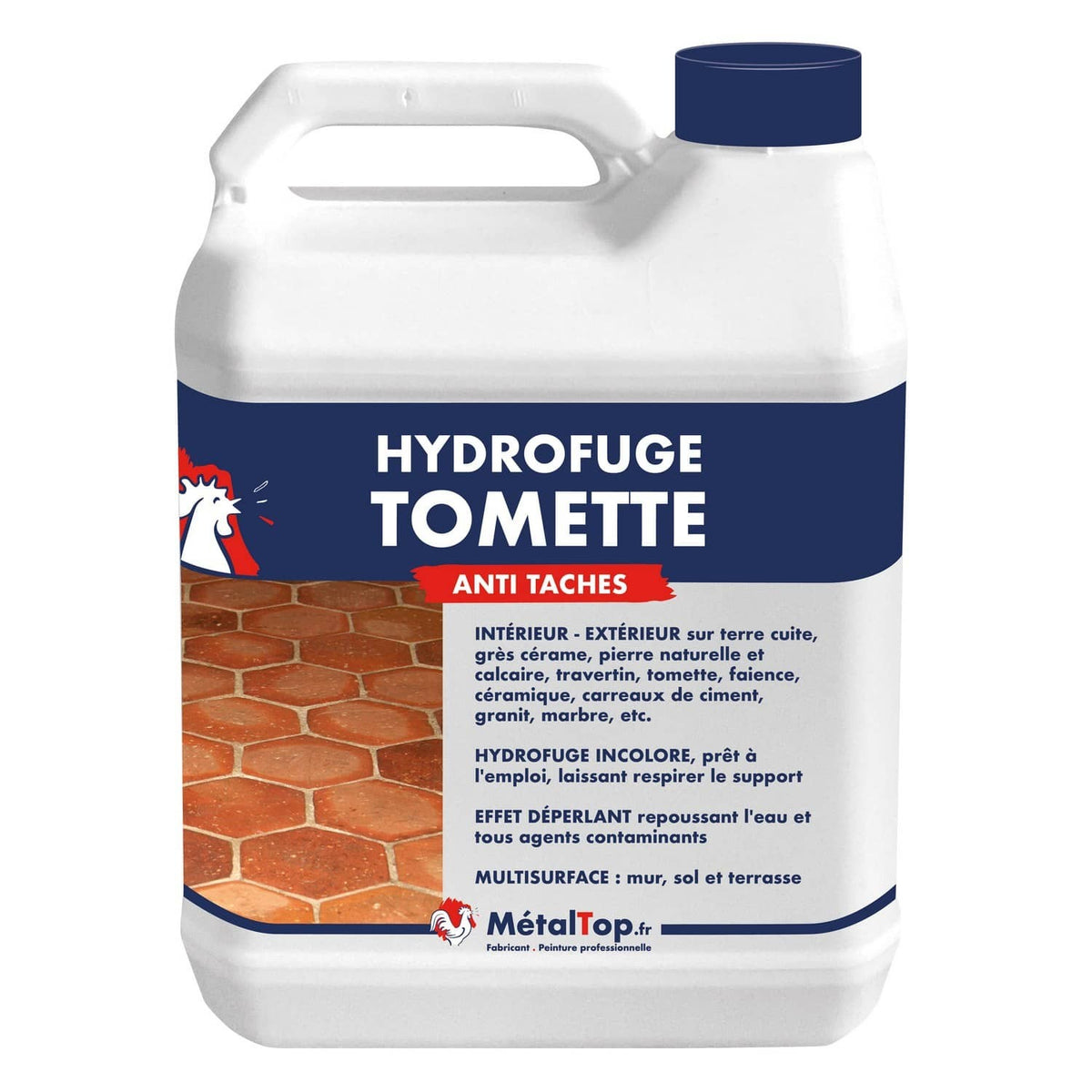 Bidon d'hydrofuge Tomette anti-taches MétalTop sur fond de carrelage hexagonal en terre cuite