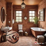 Salle de bain en carreaux terracotta avec baignoire ancienne et lavabo, zoom sur gouttes d'eau