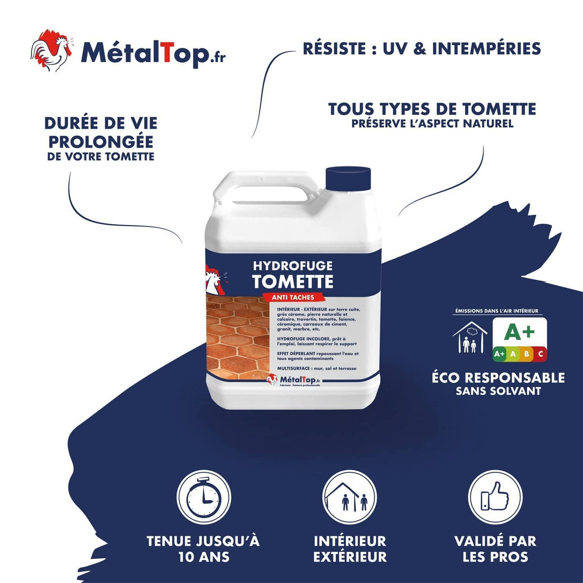Bidon hydrofuge tomette MétalTop anti-taches, incolore, pour intérieur et extérieur