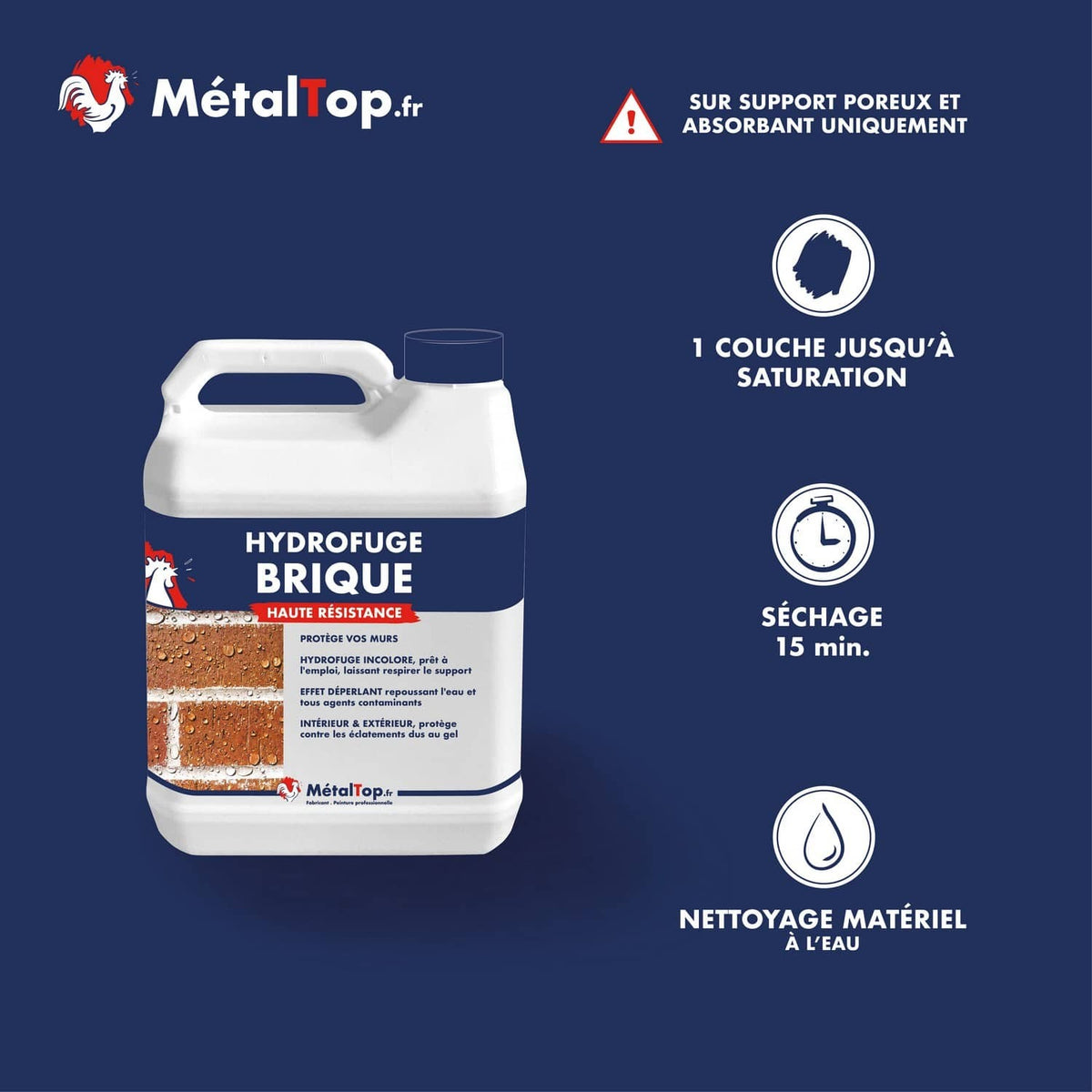Bidon d'hydrofuge brique incolore MétalTop haute résistance, pour supports poreux et absorbants
