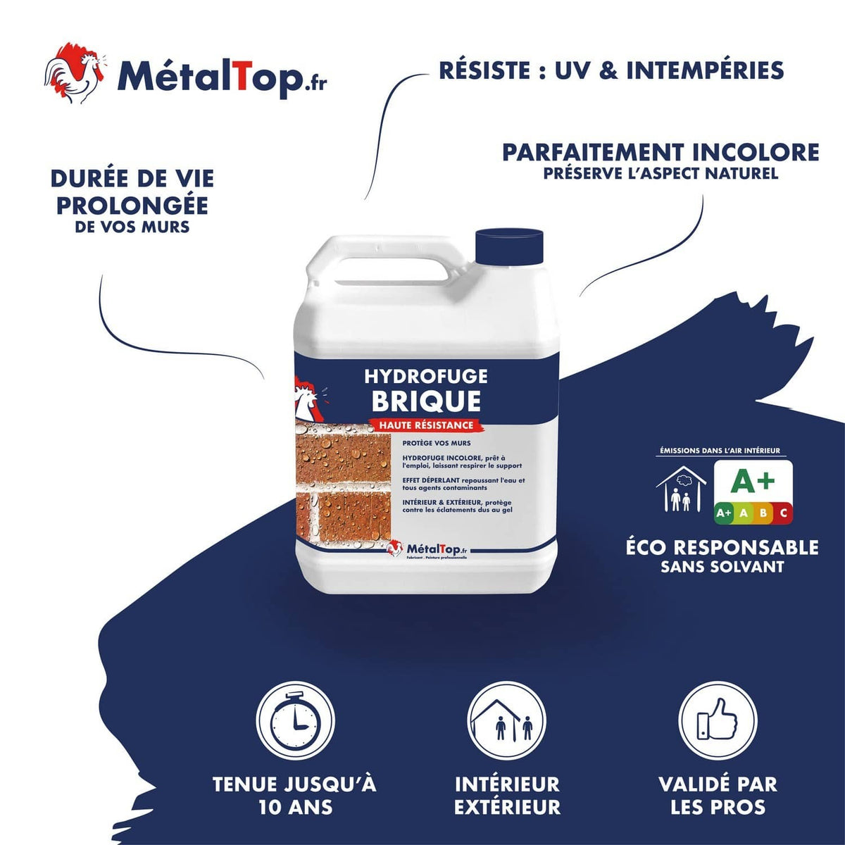 Bidon Hydrofuge Brique MétalTop incolore, haute résistance, pour murs intérieur et extérieur