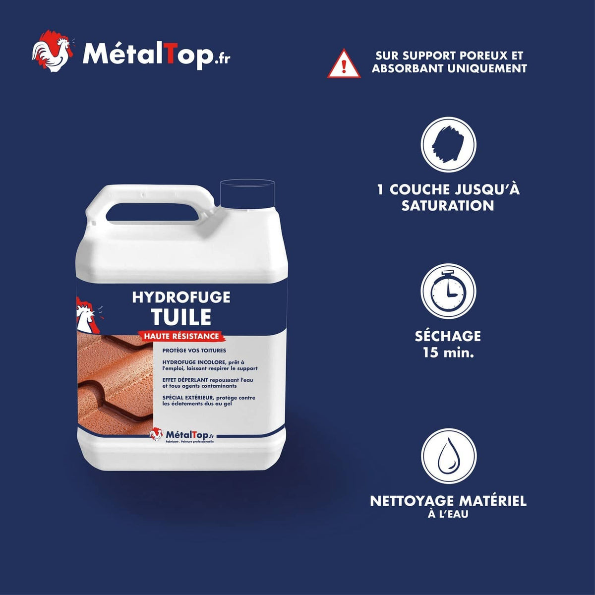 Bidon Hydrofuge Tuile MétalTop haute résistance, incolore, pour protéger les toitures en tuile