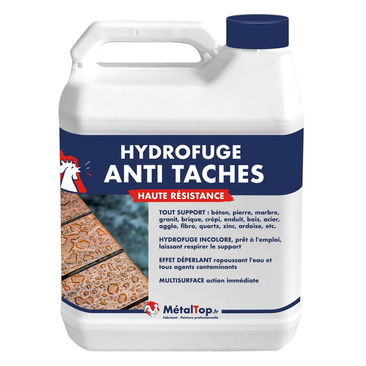 Bidon blanc d'hydrofuge anti taches incolore MétalTop, étiquette bleue et rouge, sur fond blanc