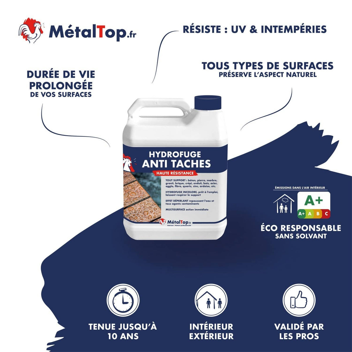 Bidon hydrofuge anti taches MétalTop, incolore, effet déperlant, résistant UV et intempéries