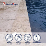 Terrasse en pierre au bord d'une piscine et pictogrammes brosse, rouleau, pistolet, pulvérisateur