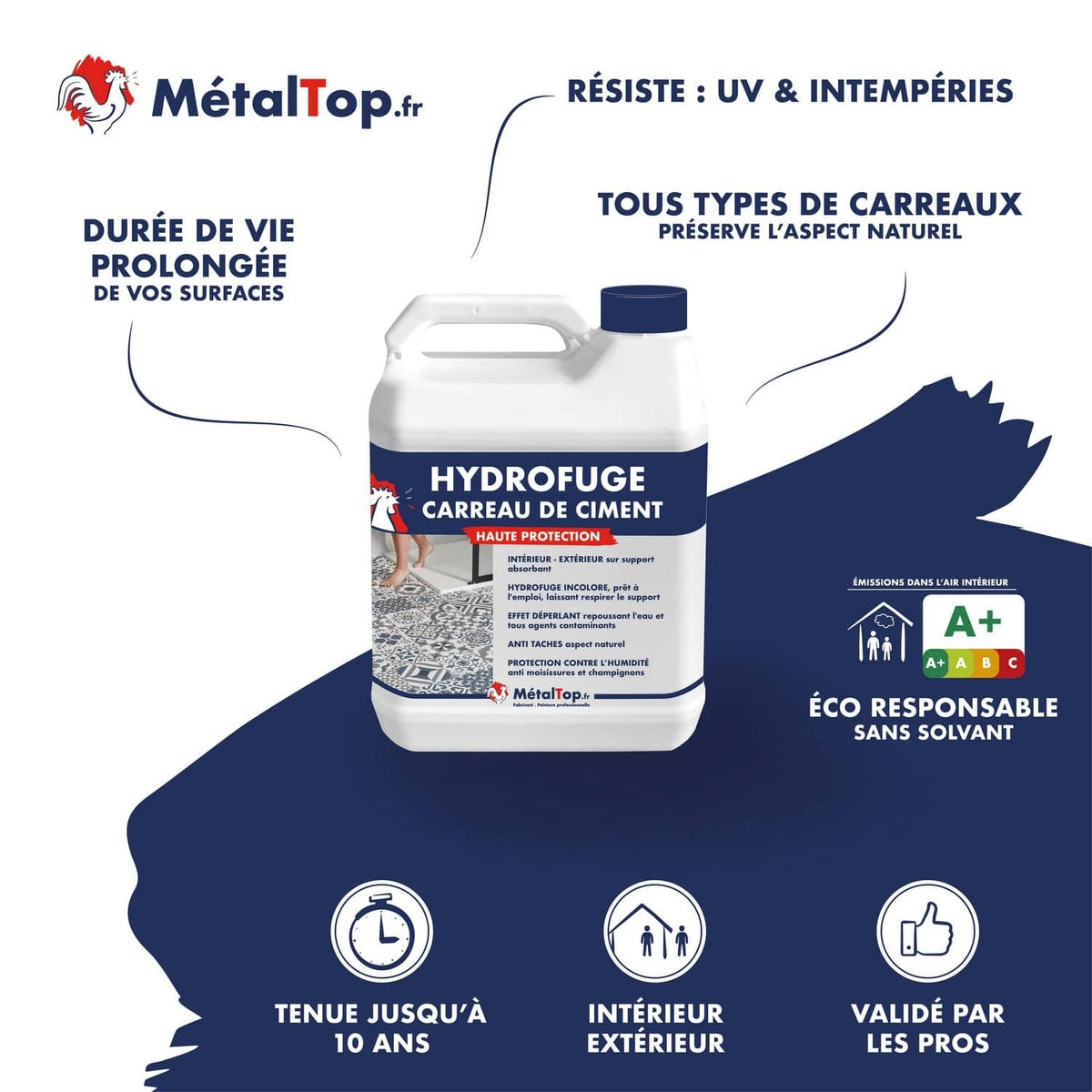 Bidon hydrofuge carreau de ciment MetalTop, protection haute pour carreaux intérieur et extérieur