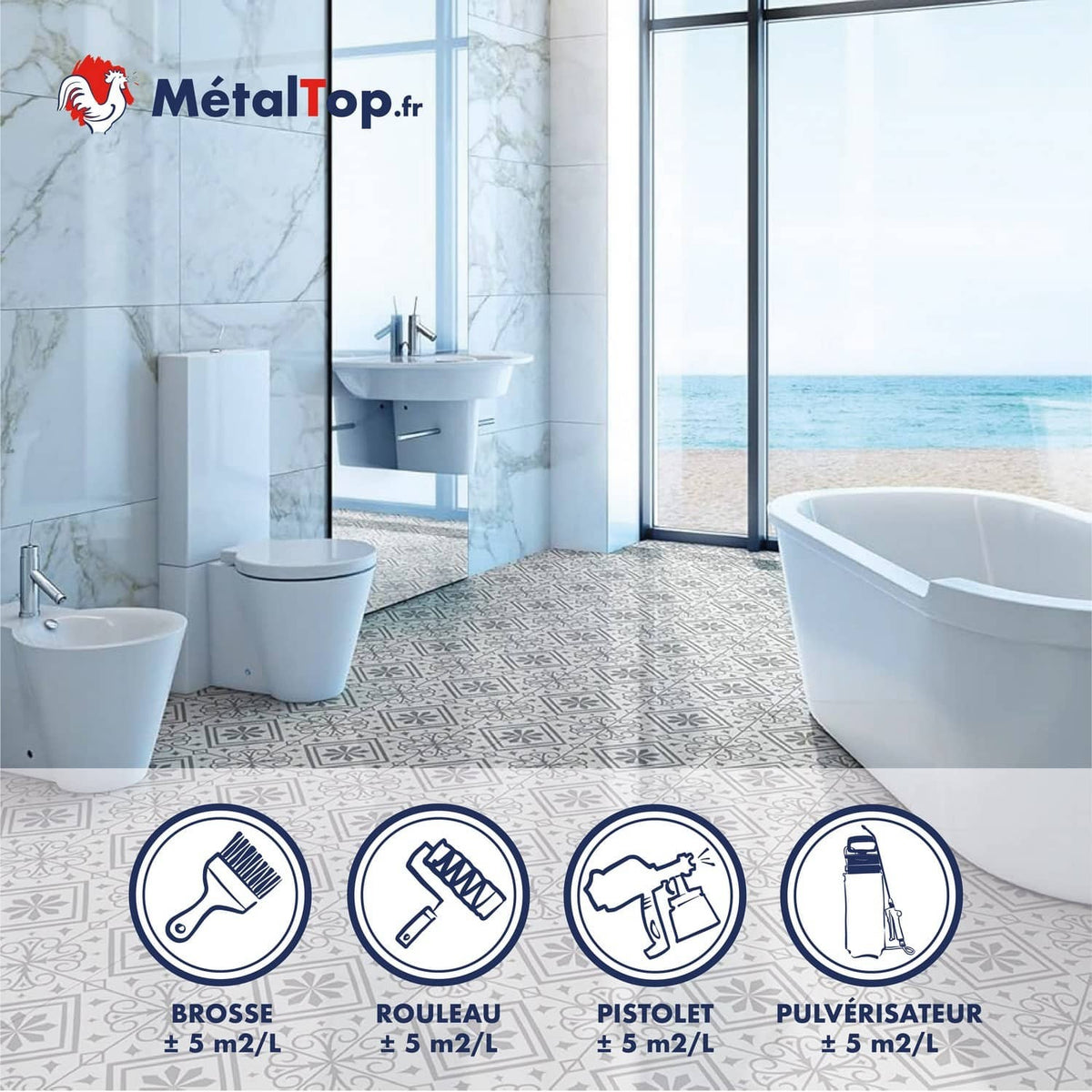 Salle de bain moderne à carrelage gris, vue mer; icônes brosse, rouleau, pistolet et pulvérisateur