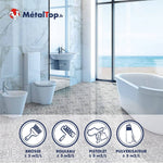 Salle de bain moderne à carrelage gris, vue mer; icônes brosse, rouleau, pistolet et pulvérisateur
