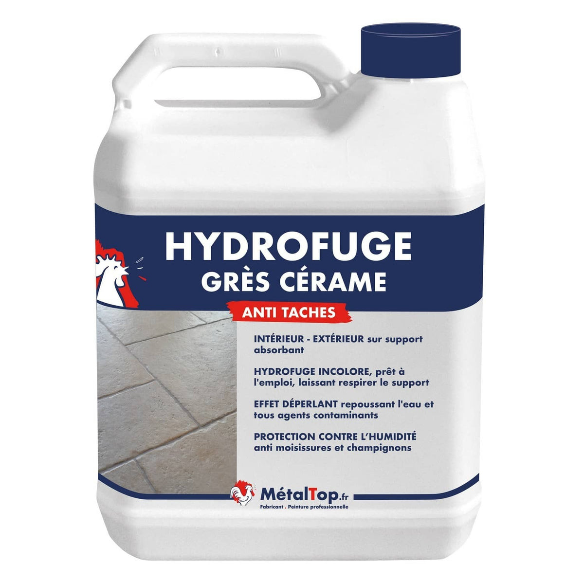 Bidon blanc d'hydrofuge incolore Grès Cérame MétalTop anti-taches, sur fond de carrelage beige