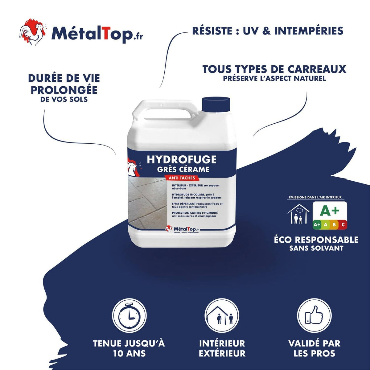 Bidon d'hydrofuge grès cérame MétalTop anti-taches pour carreaux, intérieur et extérieur