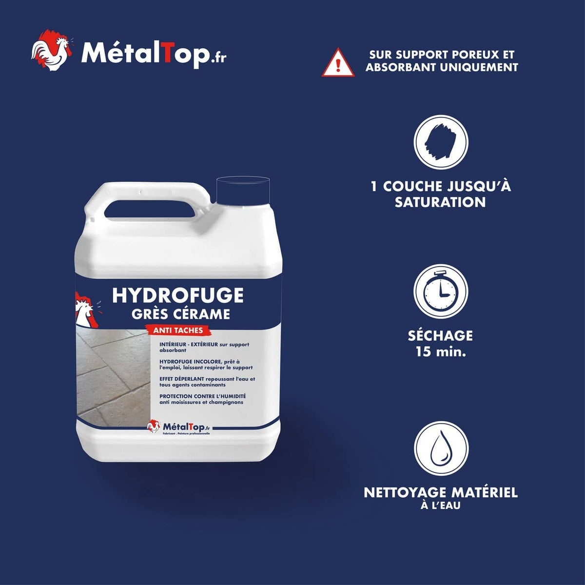 Bidon d'hydrofuge MétalTop Grès Cérame anti-taches pour supports poreux, intérieur et extérieur