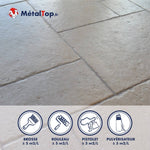 Carrelage beige aspect pierre et icônes d'application : brosse, rouleau, pistolet, pulvérisateur