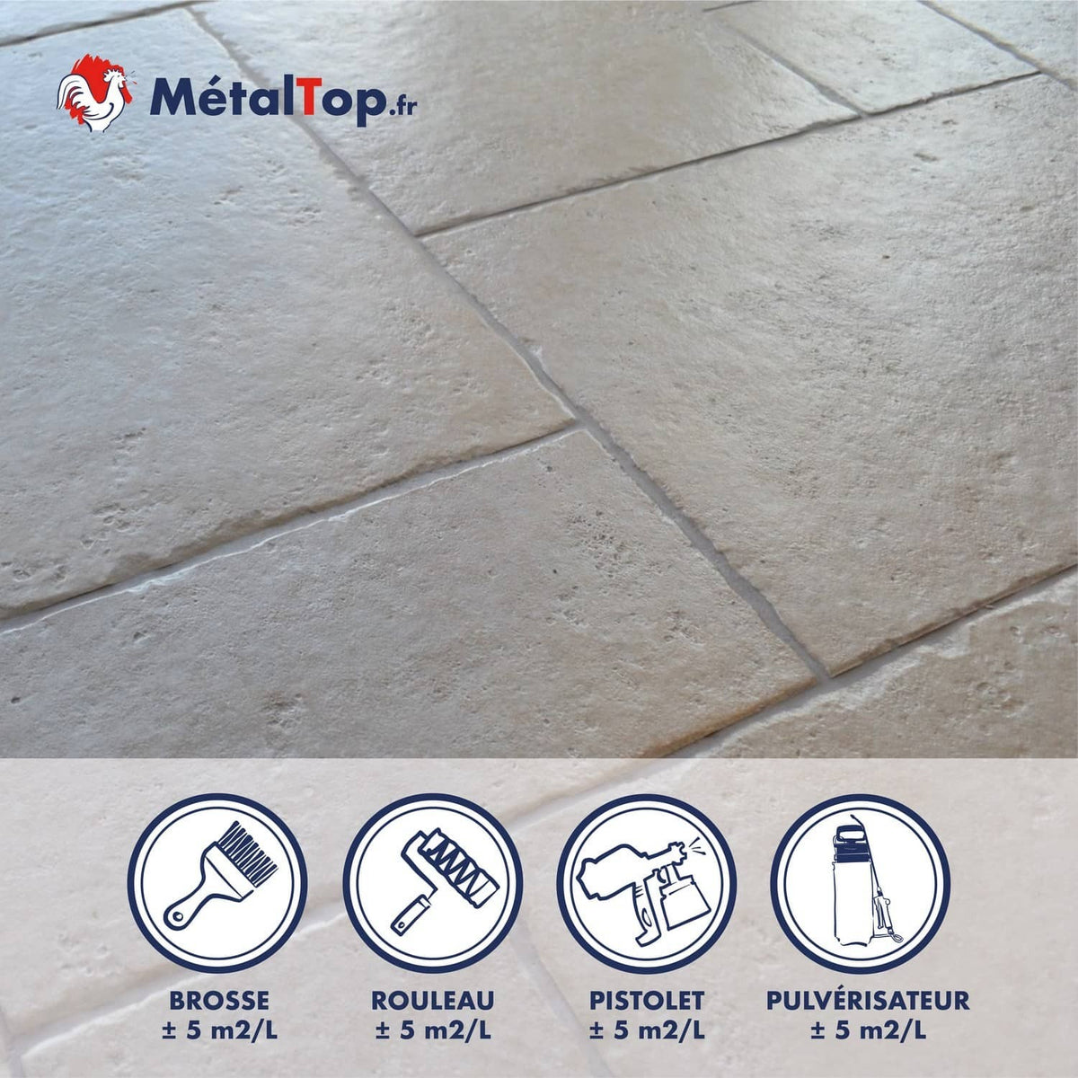 Carrelage beige aspect pierre et icônes d'application : brosse, rouleau, pistolet, pulvérisateur