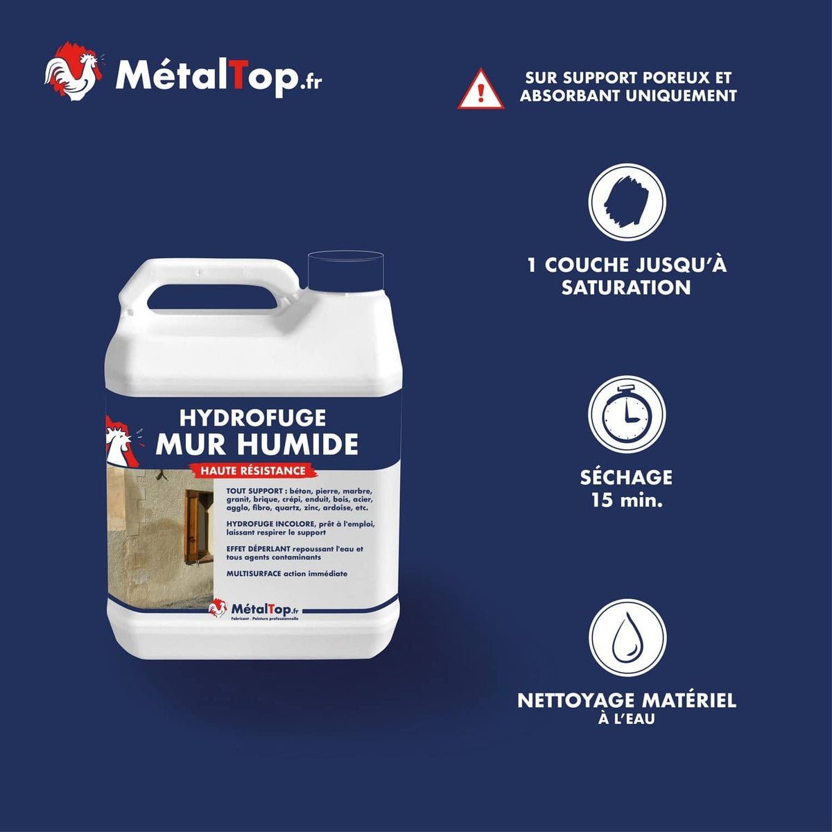 Bidon blanc Hydrofuge Mur Humide MétalTop, haute résistance, incolore, pour supports poreux