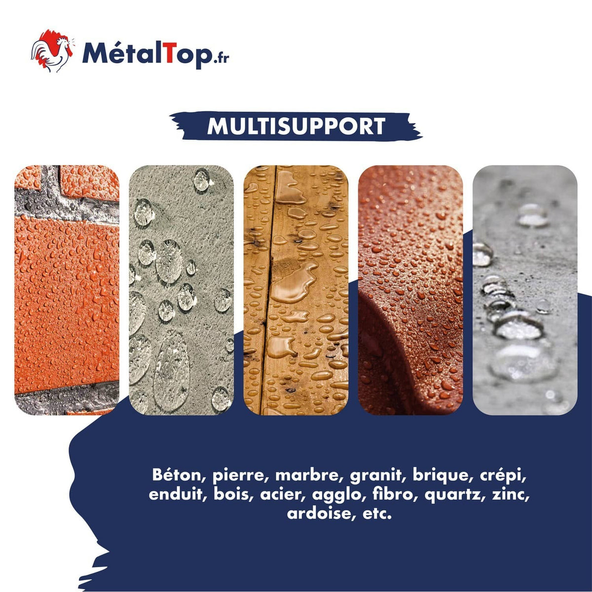 Gouttes d'eau sur brique, béton, bois, tuile et zinc, illustrant le multisupport