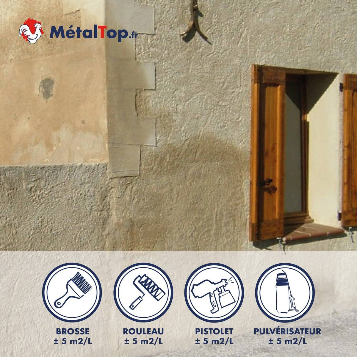 Façade crépie beige avec fenêtre en bois ; icônes brosse, rouleau, pistolet et pulvérisateur