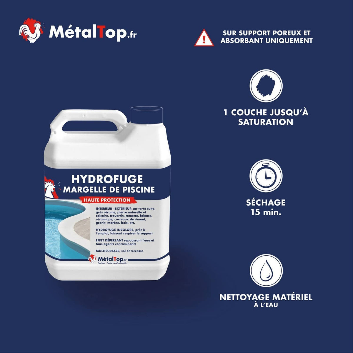 Bidon d'hydrofuge incolore MétalTop pour margelle de piscine, effet déperlant