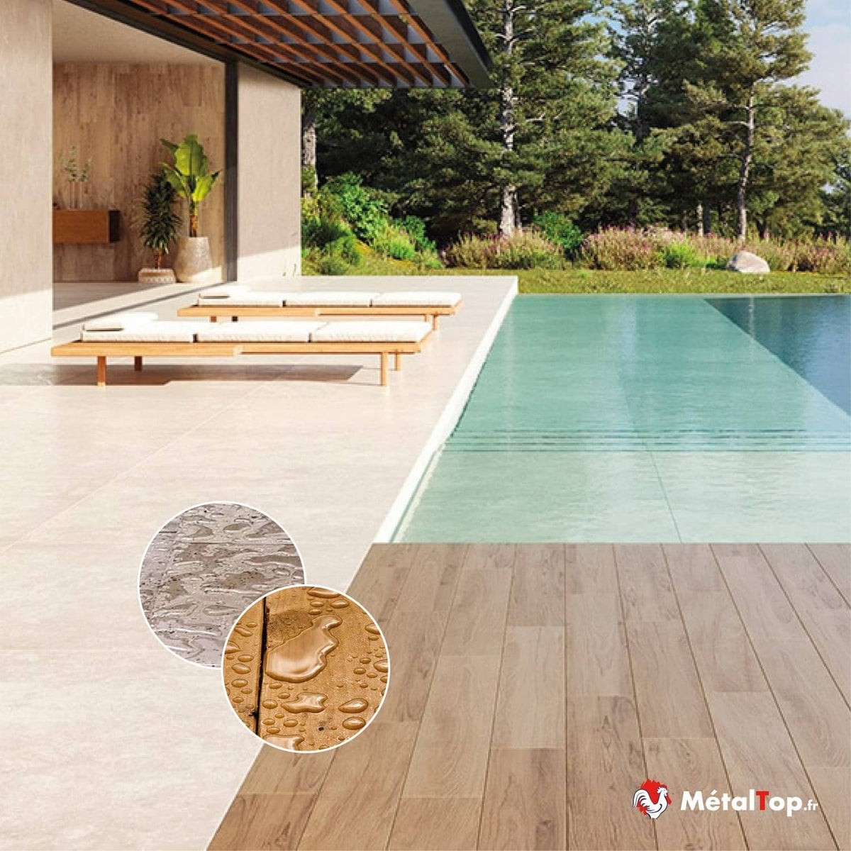 Piscine à débordement, terrasse carrelée beige et bains de soleil en bois, carrelage imitation bois