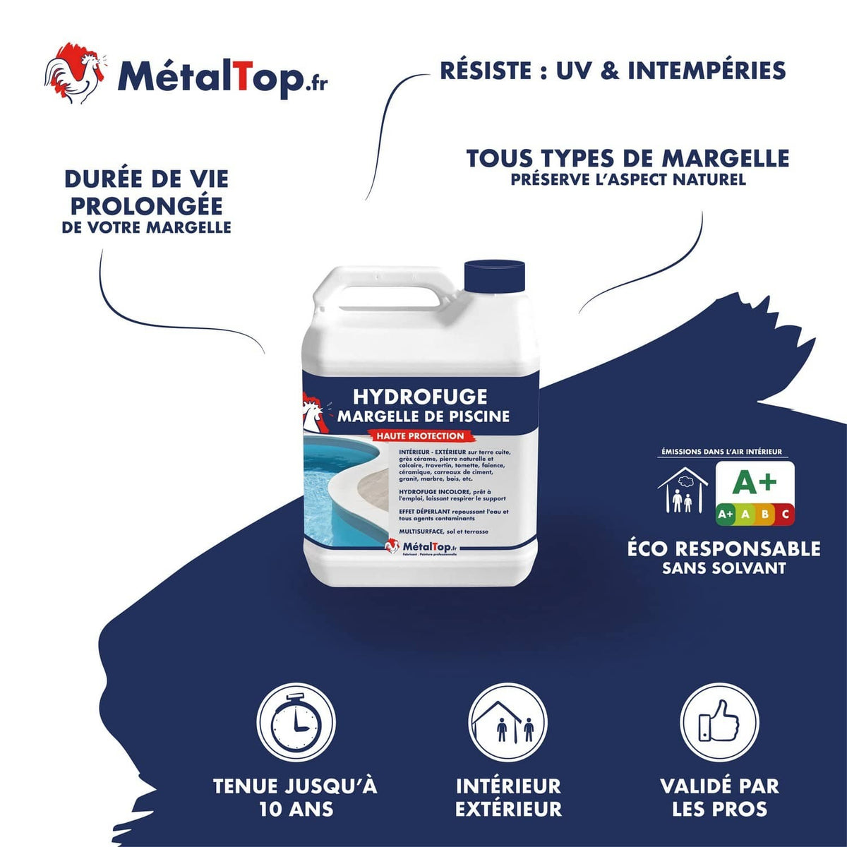 Bidon d'hydrofuge incolore MétalTop pour margelle de piscine, protection UV et intempéries