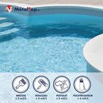 Piscine bleue à margelles blanches ; pictos peinture brosse, rouleau, pistolet, pulvérisateur