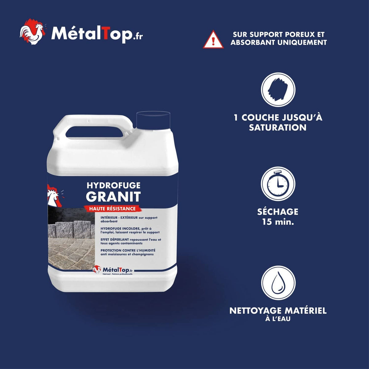 Bidon d'hydrofuge Granit MétalTop incolore, haute résistance, pour supports poreux et absorbants