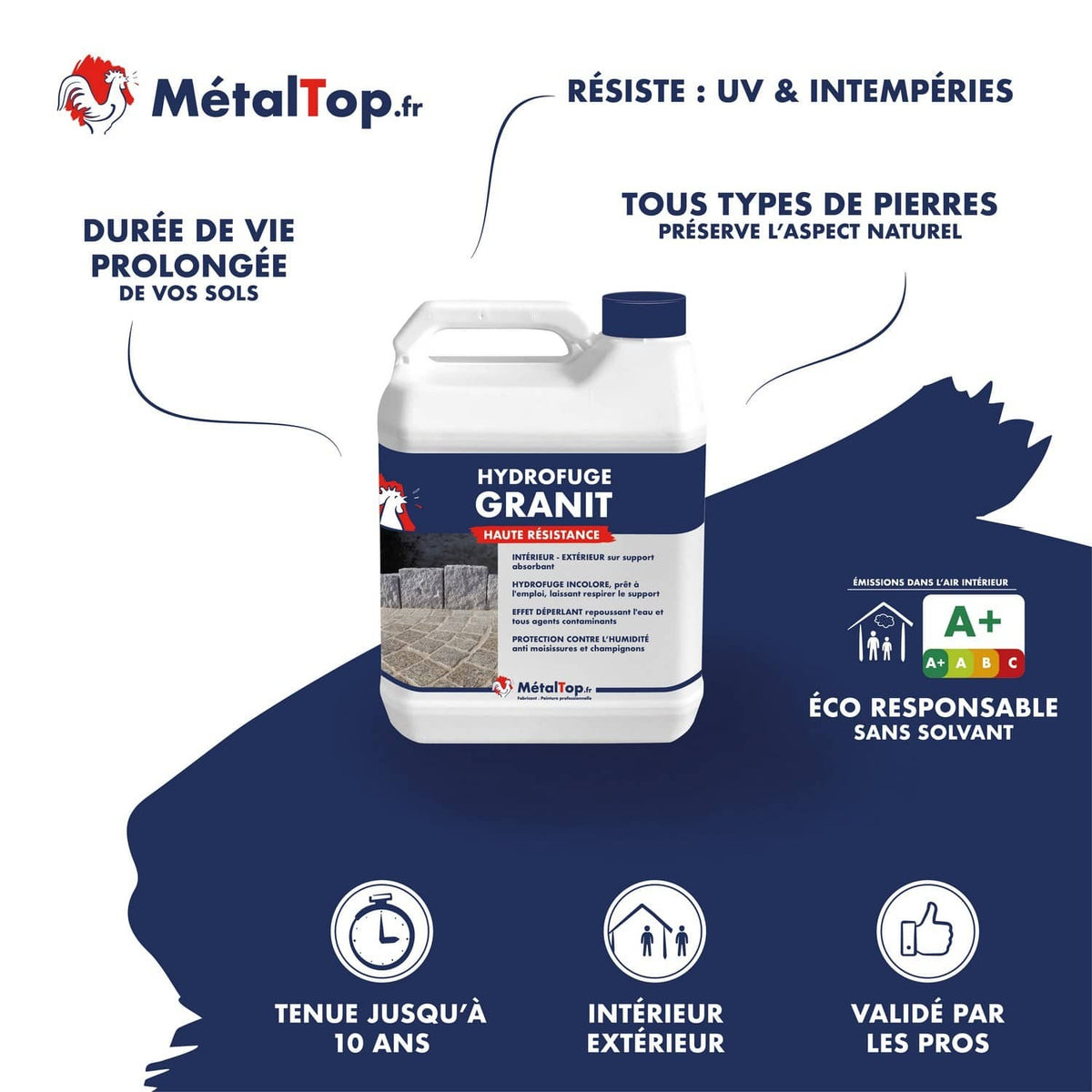 Bidon hydrofuge Granit MétalTop pour pierres, intérieur et extérieur, résistant UV et intempéries