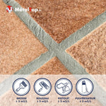 Carrelage terracotta à joints gris ; icônes brosse, rouleau, pistolet et pulvérisateur