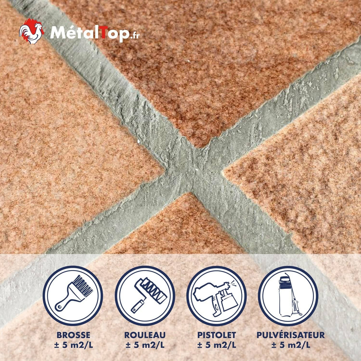 Carrelage terracotta à joints gris ; icônes brosse, rouleau, pistolet et pulvérisateur