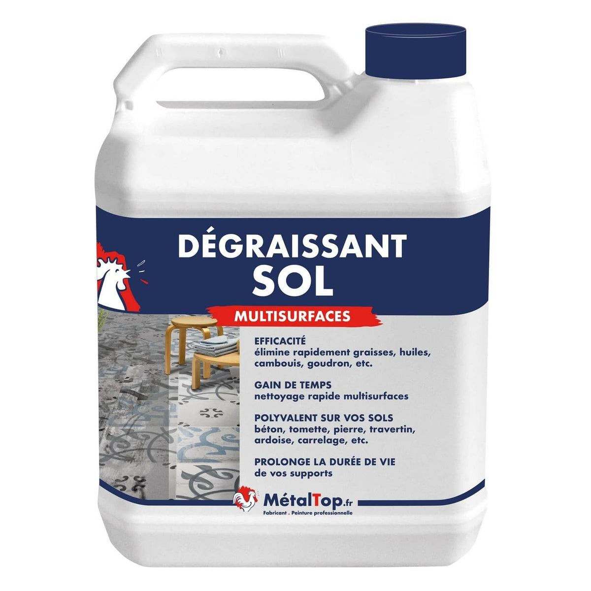 Bidon blanc de dégraissant sol multisurfaces MétalTop à bouchon bleu