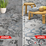 Carrelage gris à motifs bleus, comparaison avant et après nettoyage