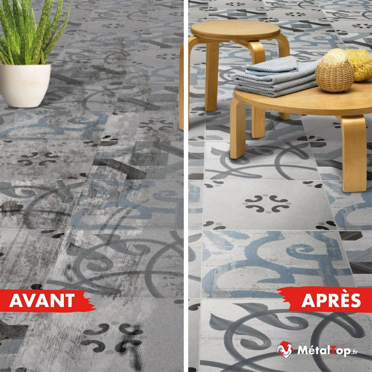 Carrelage gris à motifs bleus, comparaison avant et après nettoyage
