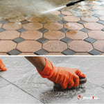 Nettoyage haute pression d'un pavage octogonal terracotta et brossage d'un carrelage gris