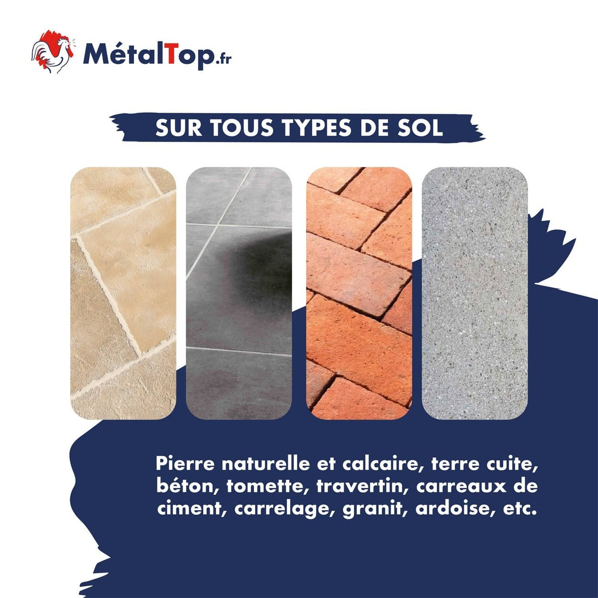 Revêtements de sol : pierre naturelle beige, carrelage gris, terre cuite orangée et béton gris