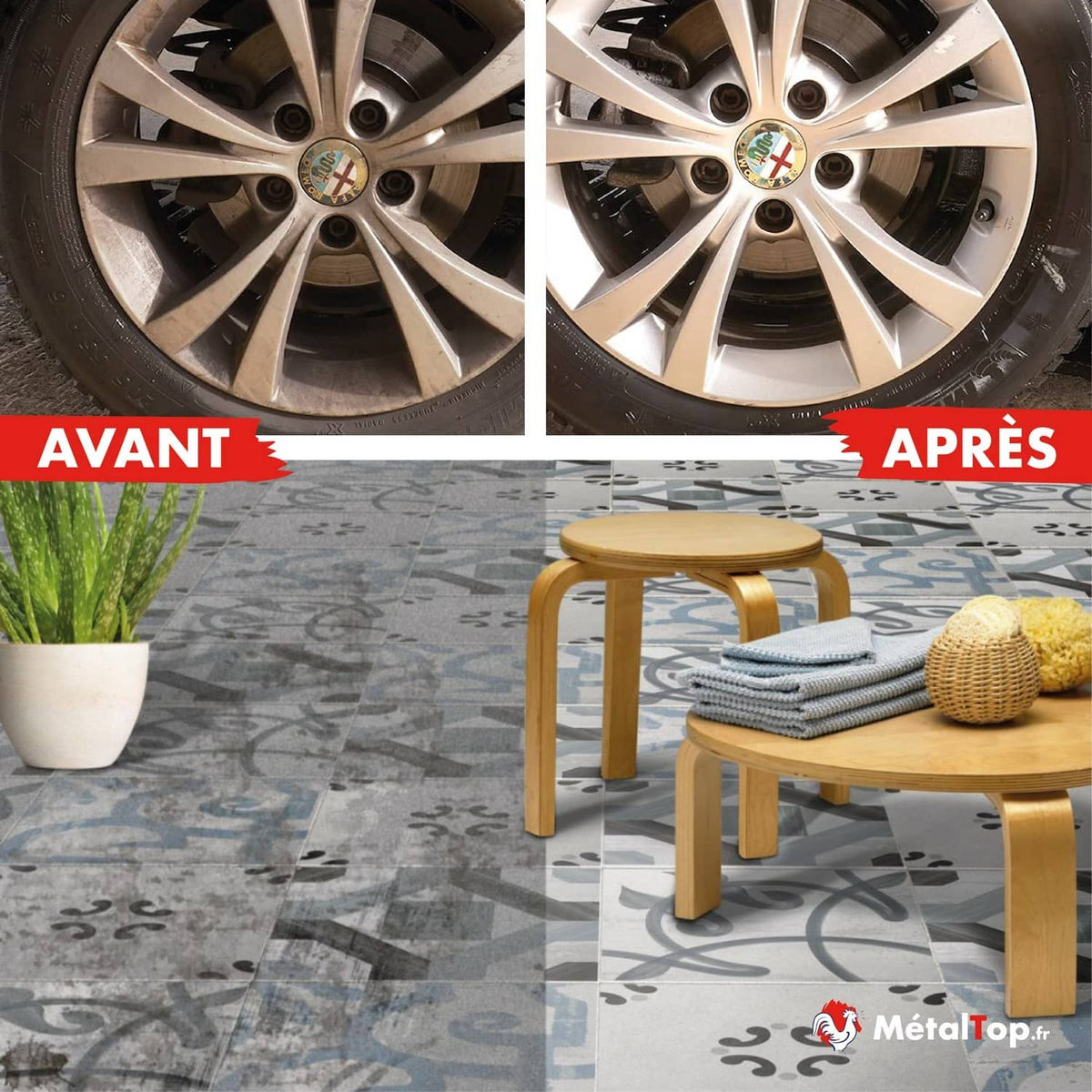 Avant/après nettoyage : jante encrassée puis étincelante, carrelage gris terne puis propre