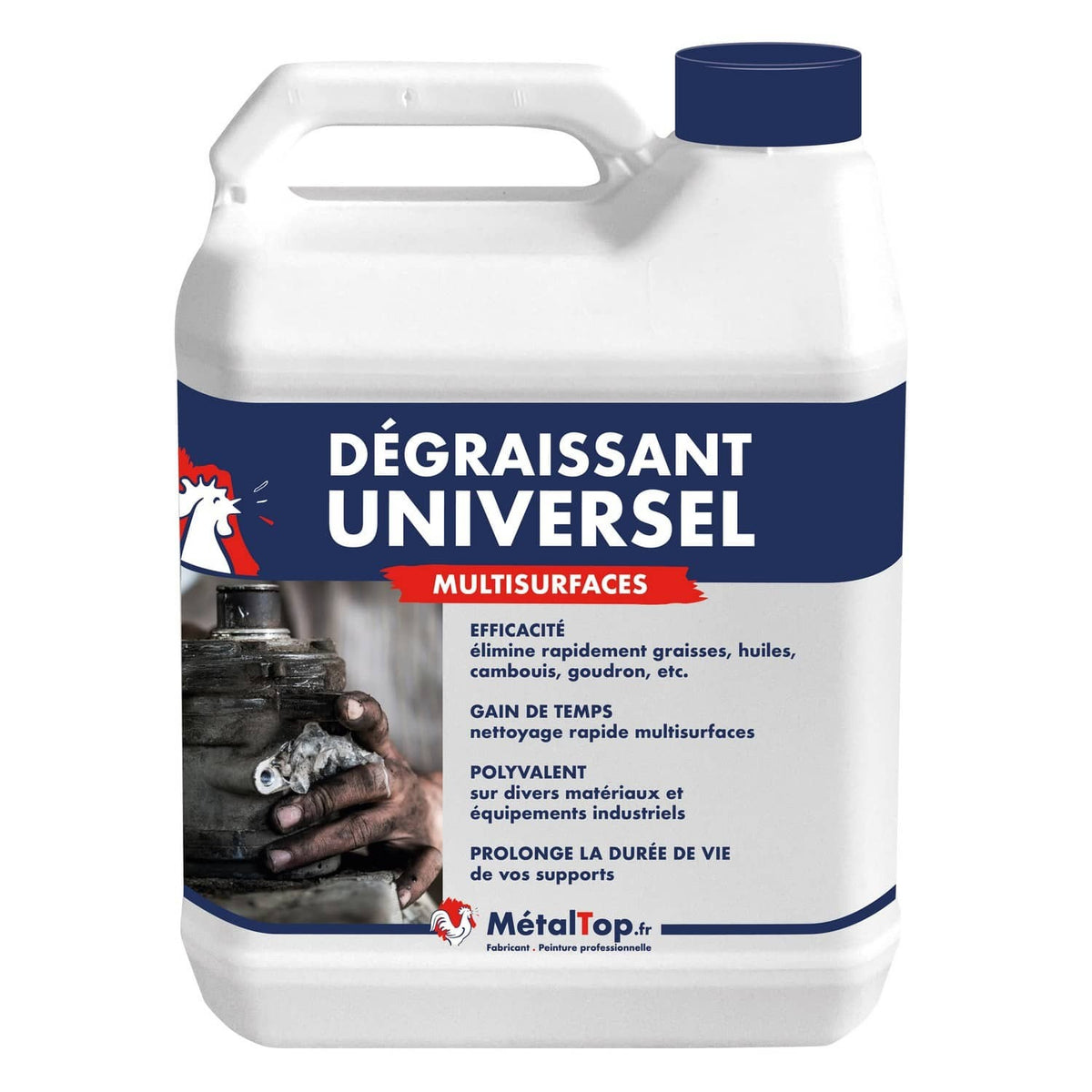 Bidon blanc de dégraissant universel multisurfaces MétalTop avec bouchon bleu