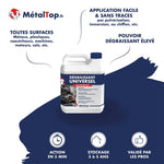 Bidon de dégraissant universel MétalTop multisurfaces, action en 5 min, stockage 3 à 5 ans