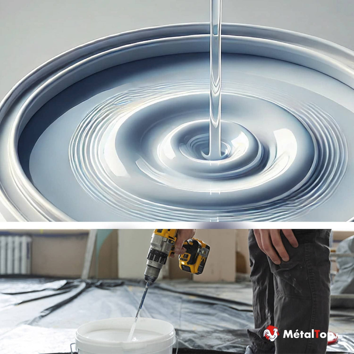 Mélange de peinture blanche à la perceuse dans un seau, et peinture fluide en spirale dans un pot
